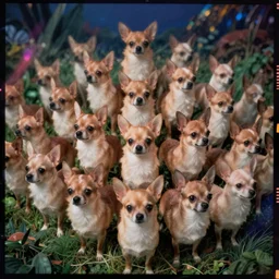 first official image from new surreal action film starring an infinite number of badly behaved chihuahuas, lush colors, kodak vision 2 0 0 t, anamorphic lens, halation, diffusion, framing, symmetrical, film grain, high contrast, midnight