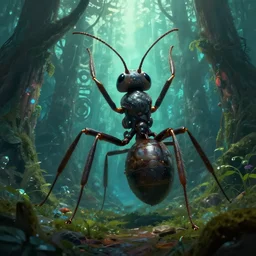 giant ant in futuristic spiritual mystical post apocalyptic forest by ron gilbert, dim painterly volumetric aquatic lighting, beautiful, crisp, artstation, highly detailed