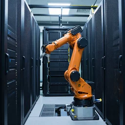 robotic arm inside a data center web servers cluster