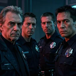 film still of closeup diverse futuristic police friends in blade runner 2 0 4 9, cinematic, moody, gritty neon noir by emmanuel lubezki