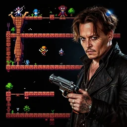 johnny depp gameplay still frame, pixel art, platformer, metroidvania, retro, splash screen, level design, high contrast, background, deep focus, highly detailed, dramatic lighting, digital painting, artstation, concept art, matte, greg rutkowski, moebius, illustration.