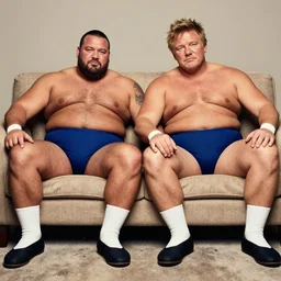 Jerma985 and Gordon Ramsay sitting on a couch together, they are wearing sumo wrestler suits, the couch is cracking under them, high resolution photo