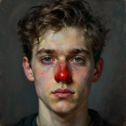 a beautiful oil painting hyperrealism of a young man head with red nose, moody lighting, 8 k resolution, octane render, trending on artstation, by h. r. giger and greg rutkowski