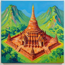 painting of sukhothai with mountains in the corners, canvas, acrylic paint, by andy warhol, by roy liechtestein, isometric, 4 k, ultra - hd
