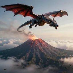 A dragon flying over a volcano, epic lighting