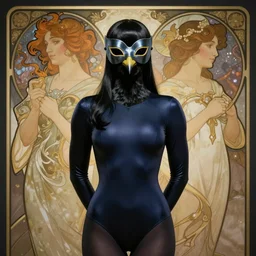 character concept portrait, symmetrical, black canary, mask, her arms tucked behind her back, navy leotard costume, bust, curvaceous, medium shot. detailed, high quality, dynamic lighting, fantasy, shiny. artwork by artgerm, wlop, alex ross, greg rutkowski, alphonse mucha