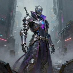 an epic portrait of a cyberpunk knight cybernetic robot humanoid wizard wearing a neon robe posing in a mist-filled brutalist international futurist megacity, Night City, cyberpunk 2077, muted neon and constant rain and fog, unreal 5, DAZ, detailed, soft focus, brilliant colors, high contrast, brilliant highlights, 4k, 8k, HD, trending on artstation, trending on DeviantArt, painting oil on canvas illustration by Alena Aenmai by Wayne Barlowe by Gerald Brom by Noah Bradley by Thomas Kincade