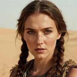 portrait of a northern woman's face, roguish, acrobat, russian features, tomb raider, desert background, in the style of ruan jia, high detail, 8 k