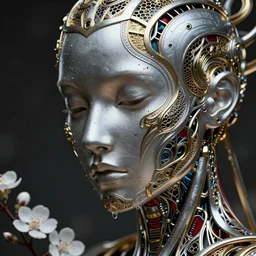 a melancholic realistic 8k Sculpture of a complex robotic human face, liquid simulation, dramatic lighting, silver gold red details, hexagonal mesh wire, filigree intricate details, cinematic, fleshy musculature, white blossoms, elegant, octane render, 8k post-processing, intricate artwork by artgerm and alphonse mucha and ruan jia