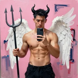 A mirror selfie of a handsome muscular man with white angel wings and black devil horns, holding iPhone, pitchfork, pink background, abstract Basquiat oil painting with thick paint strokes