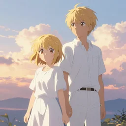 A full body portrait of twin brother and sister with golden short hair as Weathering With You, white wearing, digital art, fantasy art, volumetric lighting, dreamy and ethereal, sunset, art by Kyoto Animation, anime illustration, trending on Pixiv.
