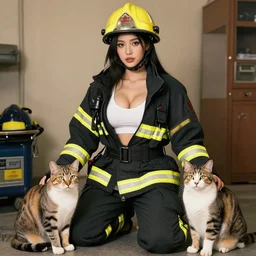 sexy firefighter with their cats, photorealistic