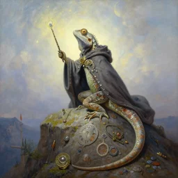 portrait oil painting, an ethereal lizard, wearing a wizard cloak, holding a magic wand, on top of a mountain, ultra realistic, wide angle, intricate details, artifacts, luminous skies, highly detailed, michael cheval, peter mohrbacher, boris vallejo, jessica rossier, oil painting, highly detailed, cinematic lighting
