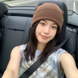 girl lounging in a convertible car seats wearing a brown beanie and a faded tie-dye sleeveless shirt, selfie, faint smile