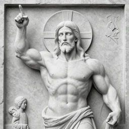muscular gigachad benediction, gigachad jesus, pointing to heaven, stone relief, holy iconography, grayscale