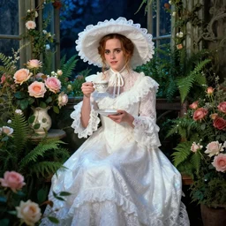 textured film grain fantasy, glow, shimmer, emma watson as victorian woman in a long white frilly lace dress and a large white hat having tea in a sunroom filled with flowers, roses and lush fern flowers ,intricate, night, highly detailed, dramatic lighting , high quality