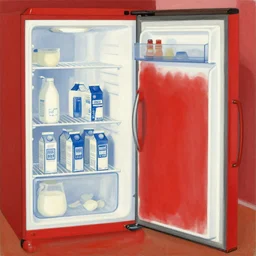 refrigerator with milk cartons, in the style of madras rouge by henri matisse.