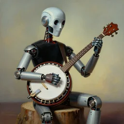 banjo - playing robot, playing a deering banjo, sitting on a stump, high detail, hyper realistic, painting by rene magritte, style of salvador dali, trending on artstation, retrofuturism, michael cheval