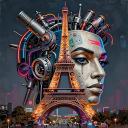 full head portrait of eiffel tower basquiat mechanical hydraulics neon highlights painting, intricate details, 3 d, octane 8 k, by moebius and basquiat