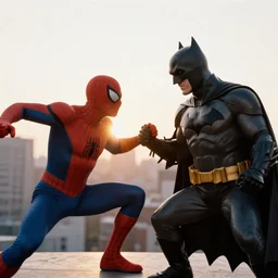 photo of spiderman fighting  batman  , 35mm, f/1.4, Golden Hour light, ,