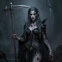 portrait of undead female elf lich, grey rotting skin, scythe, sickle, ugly, scars, black ooze, ichor, evil, dungeons and dragons