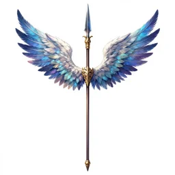 medieval weapon, long spear with feathered wings on the tip, prismatic, multi colored feathers, anime style, white background, full body shot
