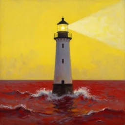 a beautiful painting of a singular lighthouse, shining its light across a tumultuous sea of blood by greg rutkowski and thomas kinkade, trending on artstation., yellow color scheme