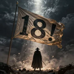 numeral 1 8! printed on a huge cloak standard - bearer ， huge flag, towards the storm, intricate. magic light dust, ， dim lighting, unreal engine 5, concept art ， by greg rutkowski, loish, highly rendered, digital painting, artstation, artstation hq, mysterious toplight 8 k