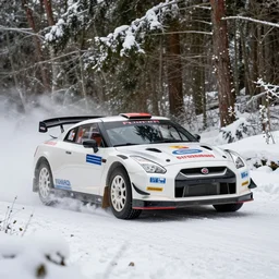a 2 0 1 0 nissan gt - r specv, racing through a rally stage in a snowy forest