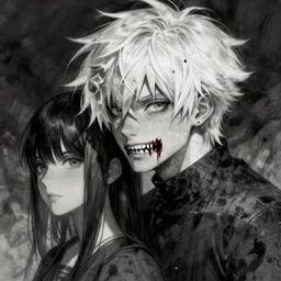 danny phantom white hair detailed photorealistic fanart trending on tumblr blood sharp teeth, charcoal, Harumi Hironaka, Ross Tran,