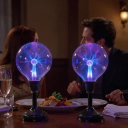 still frame from a live - action romantic comedy showing two anthropomorphic glass ball plasma lamps, both full of glowing blue and purple plasma filaments, having an awkward dinner date