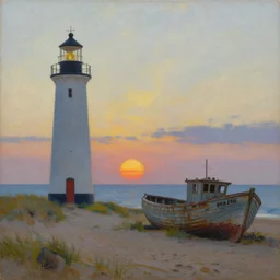 A beautiful painting of a singular lighthouse on the left hand side of a beach, on the right hand side of the beach is an old abandoned fishing boat, in the evening with a setting sun by Jack Vettriano