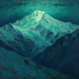 mt elbrus at night, arkhip kuindzhi, oil painting, realism, luminous, christian mysticism, teal palette