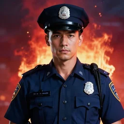 red and blue color theme, beautiful hyperrealisitic portrait of burning police officer, tristan eaton, victo ngai, artgerm, rhads, ross draws