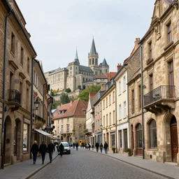 an incredible wide angle view of a medieval city at street level