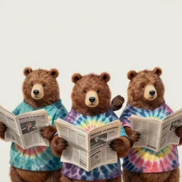 3 bears in tie dye shirts reading newspapers, highly detailed, portrait painting, illustration by scott gustafson