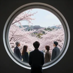 a man looking out of a round window from space by peter mohrbacher, jeremy mann, greg rutkowski, android james, ross tran, beautiful, award winning scenery, 8 k quality, clean details, serene, sakura season