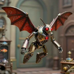 closeup profile face portrait of a tin toy flying mothman demon robot with glowing red eyes and bat wings, nicoletta ceccoli, mark ryden, lostfish, max fleischer, depth of field, detailed and intricate old london environment, 8 k resolution, hyperrealistic, octane render