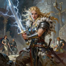 A mixed media painting of the beautiful blonde viking goddess of war with a sword of lightning, very aesthetic, detailed face, by Frank Frazetta, Greg Rutkowski, Boris Vallejo, Beeple, Christian MacNevin, epic fantasy character art, goddess of anger, viking runes, elven, fur armor, high fantasy, CGsociety, full length, exquisite detail, post-processing, low angle, masterpiece, cinematic, odin's stone arena background