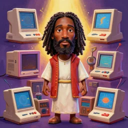 stylish caricature 3 d vfx drew struzan movie poster art of an african jesus christ surrounded by retro gaming consoles, art style by james jean & hsiao - ron cheng, unreal engine render, digital illustration, sharp, intricate detail, volumetric lighting, ray tracing, soft light, colourful, claymation style, ernie barnes style, symmetry, acrylic on canvas, pinterest, artstation,