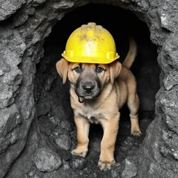 puppy working in a coal mine, wearing hard hat, dusty,