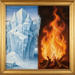 diptych renaissance painting of ice and fire, hyperrealism, gold trim