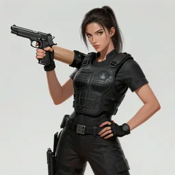 girl, wearing kevlar vest, posing with m 1 9 1 1 pistol, concept art, contrapposto