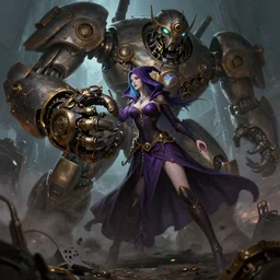 female necromancer crushed by giant mecha hand, steampunk, high fantasy, digital illustation, artstation