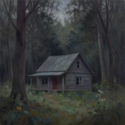 a painting of a eerie cabin in the middle of the woods in the style of alison geissler