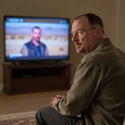 walter white looking at a tv screen in the desert