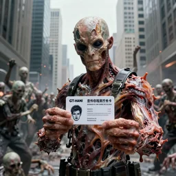 G-man from half life 2 giving you a card with a face on it saying loyalty program program card while his flesh is melting off, 4k render, 35mm film grain, wall street skyscrapers are in the background made out of frail bodies with rioting crowds of people attacking each other, pale, dystopian, hyper realistic