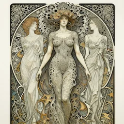 a creature from a parallel universe by alexander mcqueen, zdzisław beksinski and alphonse mucha. highly detailed, hyper - real, very beautiful, intricate fractal details, very complex, opulent, epic, mysterious, trending on deviantart and artstation, polished and minimalist redesign by zaha hadid and iris van herpen