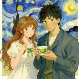 gorgeous rina and handsome cute beautiful young man named minjun in his 2 0 s with short dark hair holding a teacup with matcha by ayami kojima, van gogh, alphonse mucha, artstation, digital art