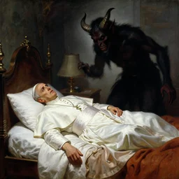 the pope laying down in his bed, terrified, because a double horned shadow demon is in the bedroom, approaching his bed. highly detailed painting by gaston bussiere, greg rutkowski, craig mullins 8 k